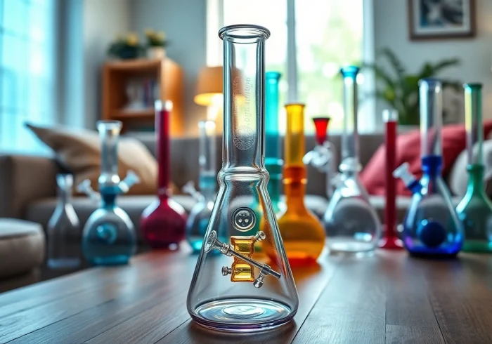 Shop premium Bongs showcased on a stylish wooden table, emphasizing unique designs and craftsmanship.