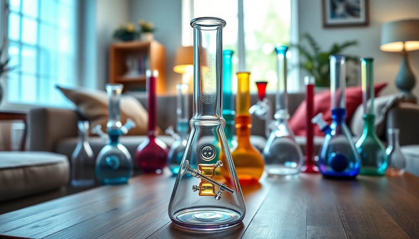 Shop premium Bongs showcased on a stylish wooden table, emphasizing unique designs and craftsmanship.