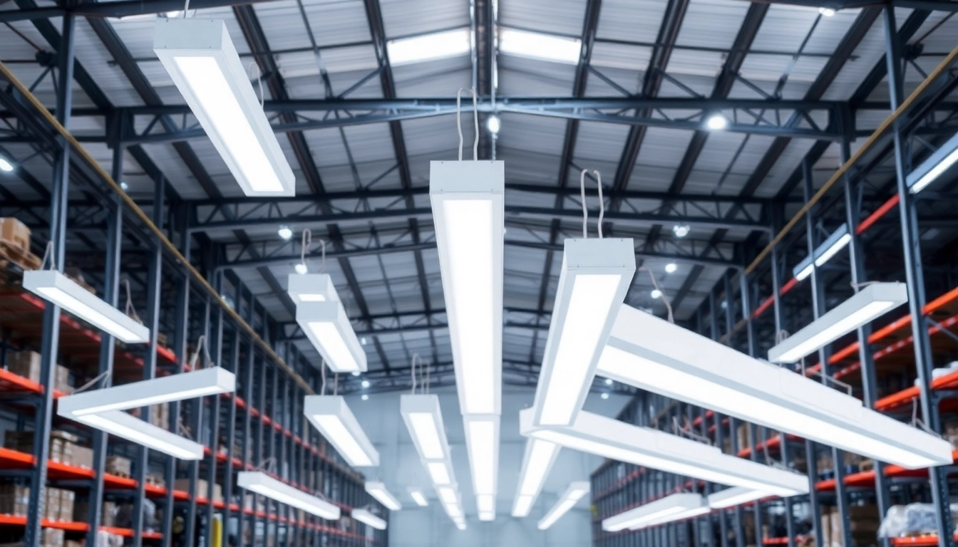 Showcasing LED Batten Fixture Wholesale in a modern warehouse, highlighting sleek designs.