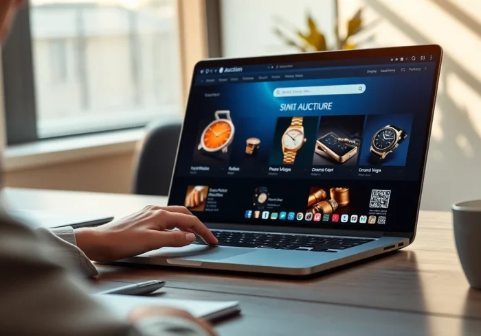 Engage with https://www.avtales.com platform showcasing luxury auctions on a laptop.