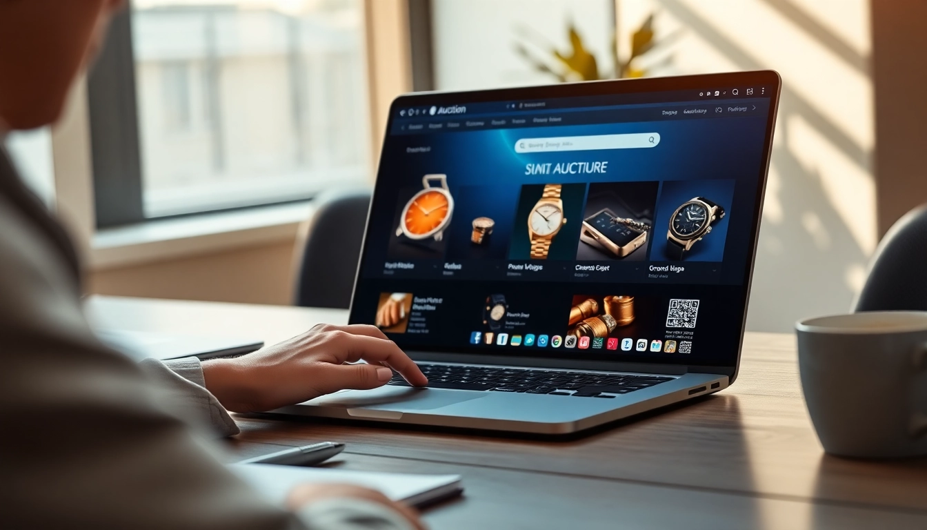 Engage with https://www.avtales.com platform showcasing luxury auctions on a laptop.