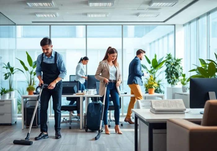 office cleaning services Melbourne showcased in a bright, professional office atmosphere with cleaners at work.