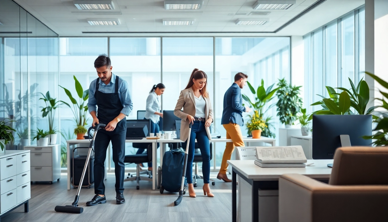 office cleaning services Melbourne showcased in a bright, professional office atmosphere with cleaners at work.