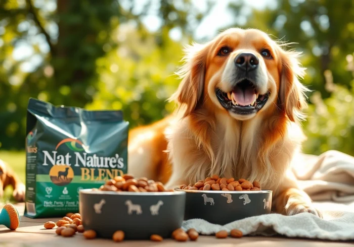 Dog enjoying nature's blend dog food Canada in a sunny outdoor setting.