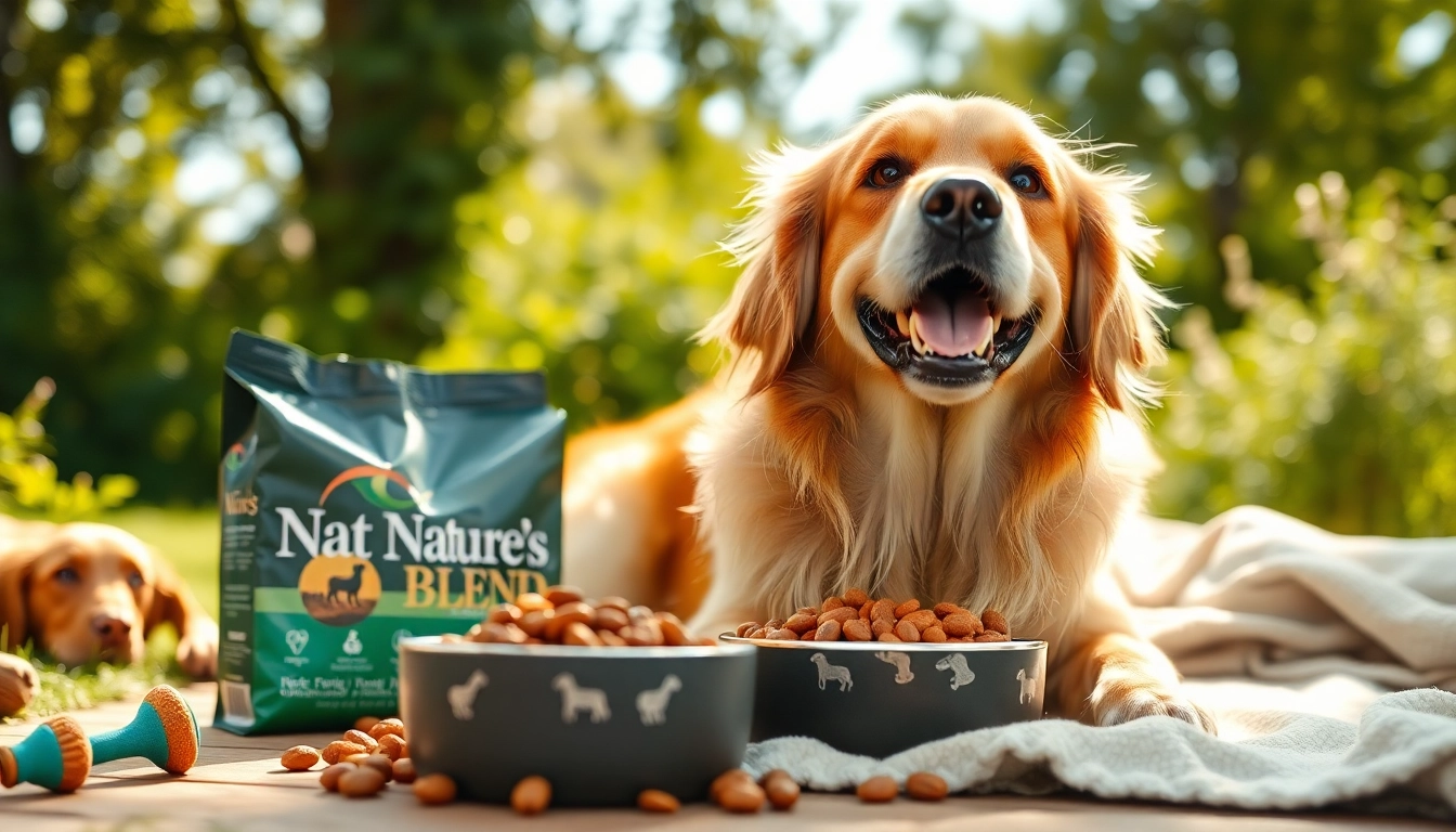 Dog enjoying nature's blend dog food Canada in a sunny outdoor setting.