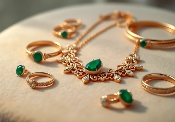 Showcase of elegant women jewelry featuring a gold necklace, bracelets, and rings.