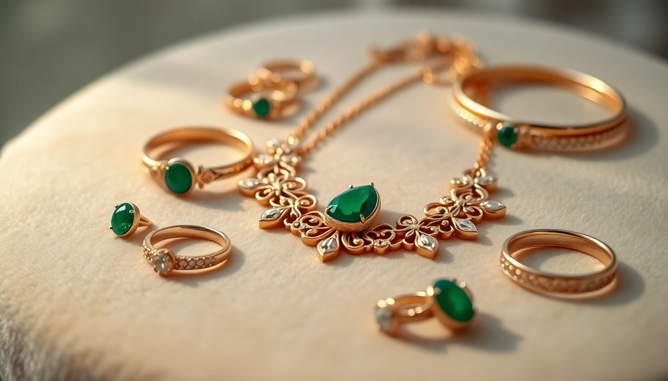 Showcase of elegant women jewelry featuring a gold necklace, bracelets, and rings.