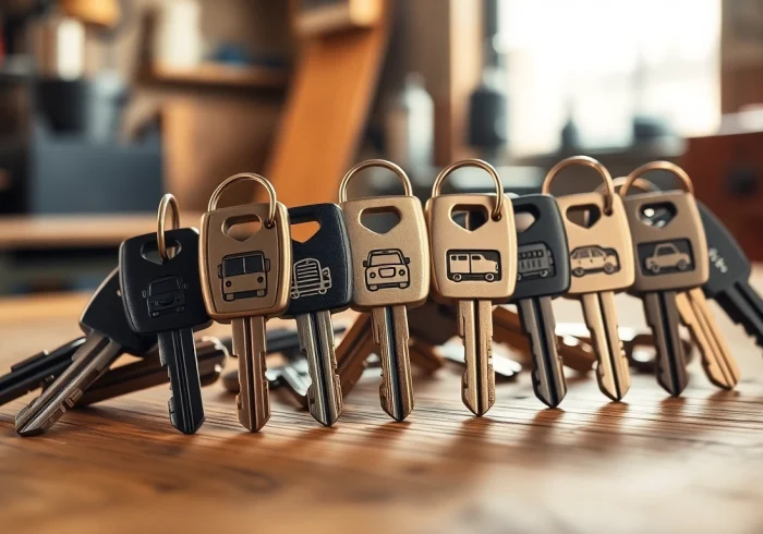 Showcasing various Truck Keys with unique designs and metallic finishes on a wooden surface.