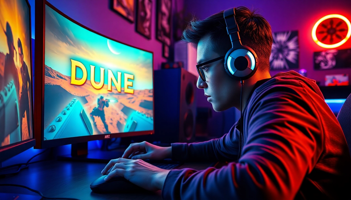 Engage with thrilling gameplay in Dune 2 download, featuring a dedicated gamer focused on action.