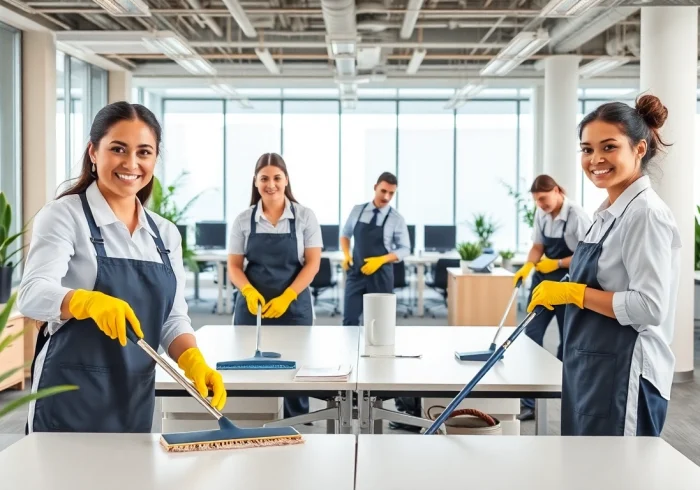 Engaged professionals showcasing office cleaning services Melbourne in a bright modern workspace