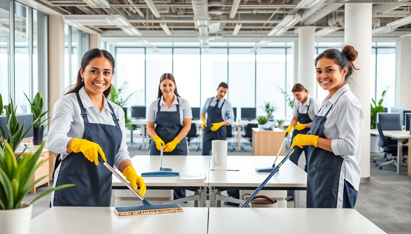 Engaged professionals showcasing office cleaning services Melbourne in a bright modern workspace