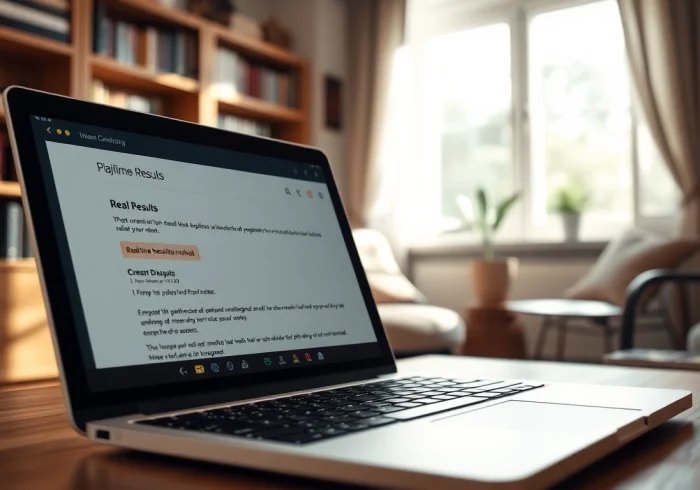 Using a plagiarism checker on a laptop to ensure academic integrity with highlighted text results.