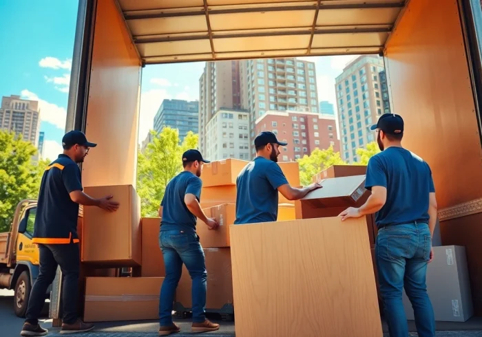 Bronx movers efficiently loading furniture onto a truck in a busy city setting.