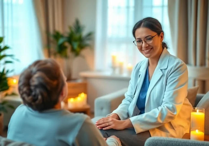 Hipnoza regresyjna Warszawa w sesji terapeutycznej z uśmiechniętym specjalistą.