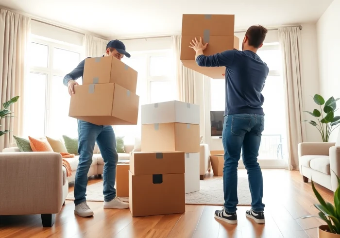 Movers showcasing the Toronto best moving company handling furniture with care in a bright living room.