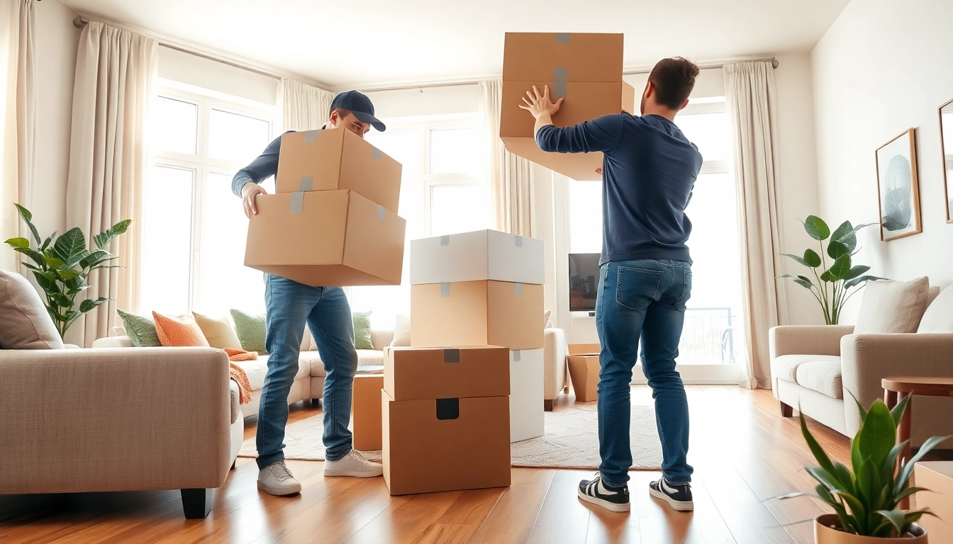 Movers showcasing the Toronto best moving company handling furniture with care in a bright living room.