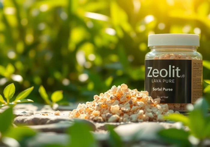 Zeolit lava pure wyróżnia się na naturalnym tle kamieni, w otoczeniu roślinności.