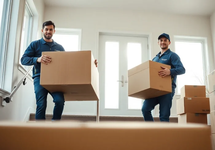 Movers Calgary carefully transporting furniture up a staircase with natural light streaming in.