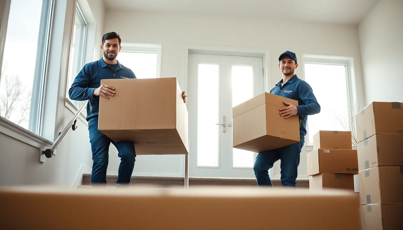 Movers Calgary carefully transporting furniture up a staircase with natural light streaming in.