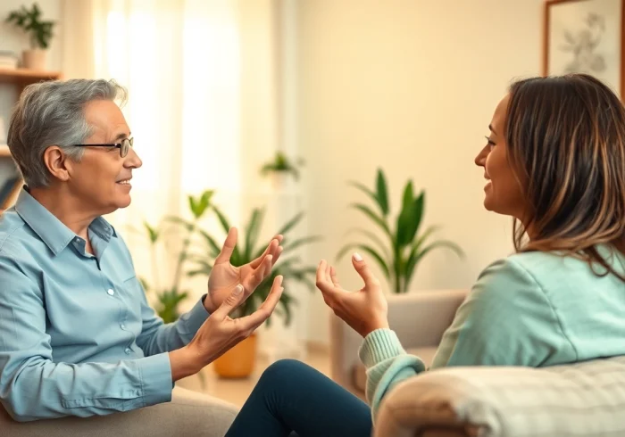 Engaging therapist discussing strategies for dealing with anxiety in a cozy, inviting office.