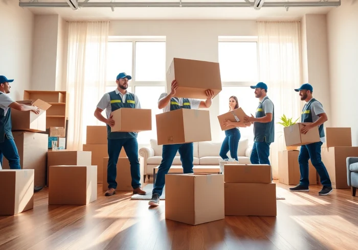 Professional movers calgary efficiently handling boxes and furniture in a bright room.
