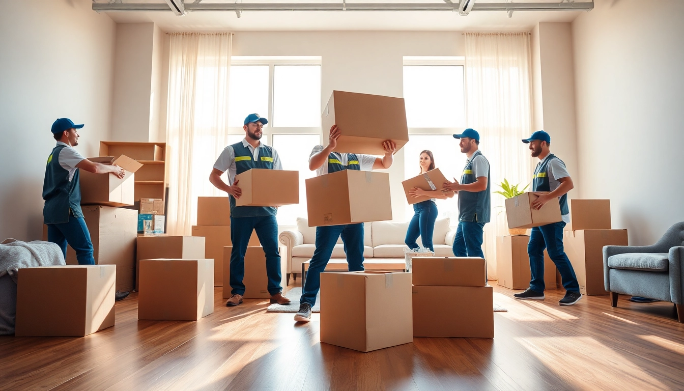 Professional movers calgary efficiently handling boxes and furniture in a bright room.