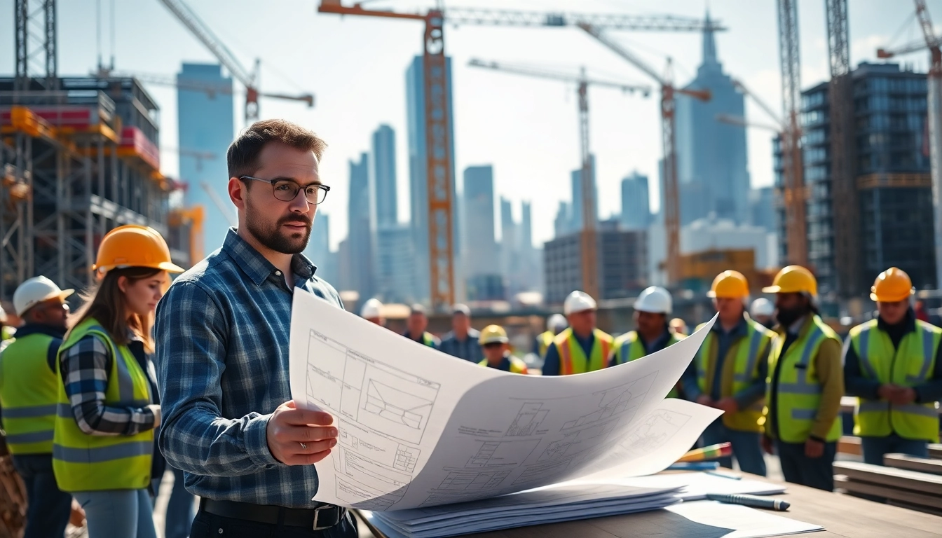 Manhattan Construction Manager overseeing a vibrant construction site with a focused team.