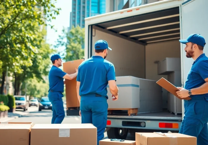 Cheap movers efficiently loading furniture into a moving truck on a sunny day.