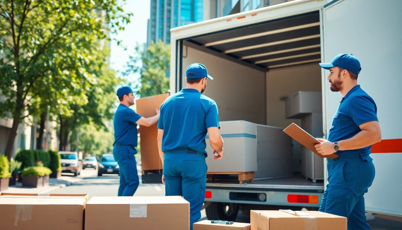 Cheap movers efficiently loading furniture into a moving truck on a sunny day.
