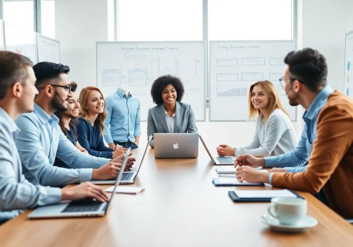 Engaging team discussion on amazon business wholesale strategies in a modern office setting.