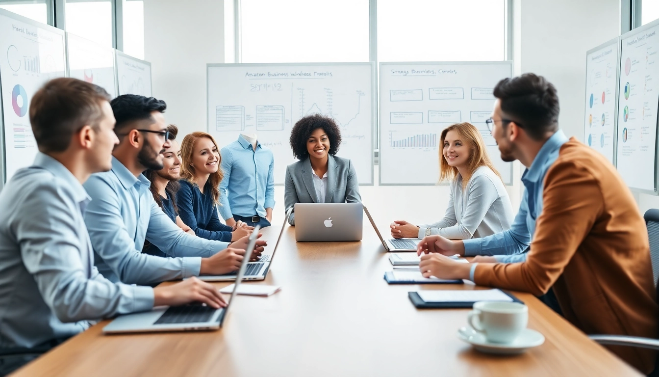 Engaging team discussion on amazon business wholesale strategies in a modern office setting.