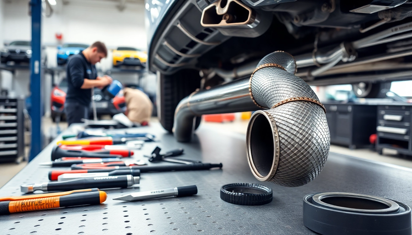 Mechanic installing an n55 catless downpipe in a professional automotive workshop.