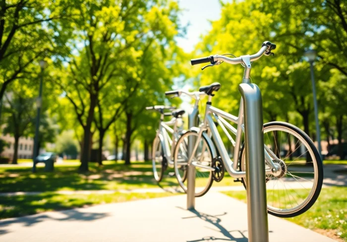 Securely parked bikes on a modern bike rack in a vibrant urban park setting.