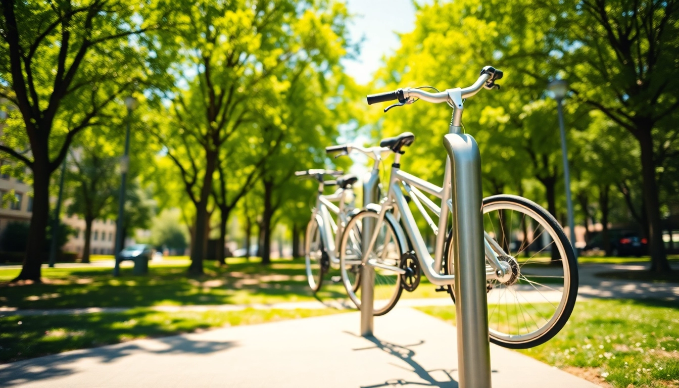 Securely parked bikes on a modern bike rack in a vibrant urban park setting.