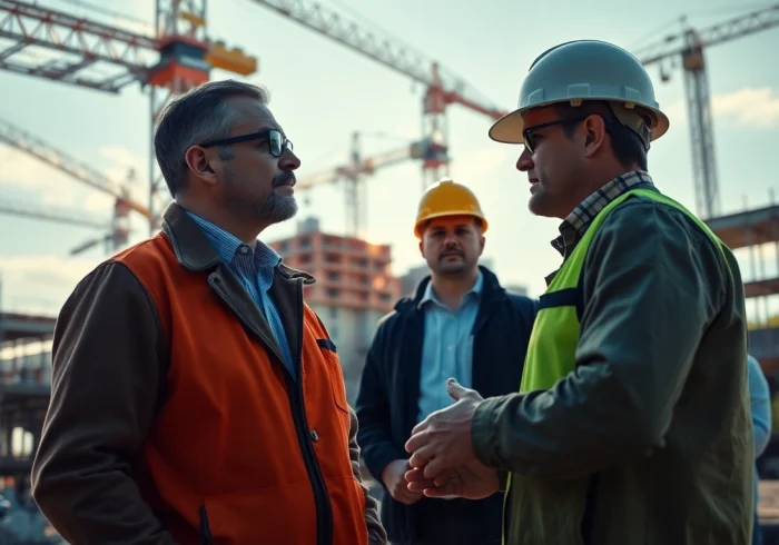 Manhattan Construction Manager leading a team on a bustling construction site with cranes.