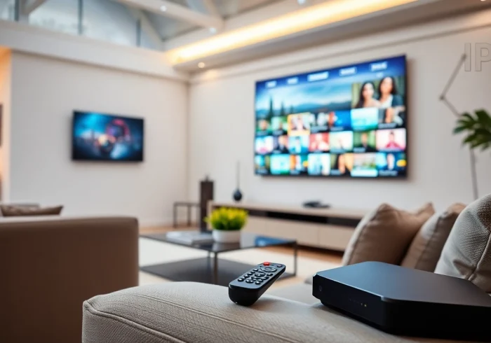 Comprar IPTV en un entorno elegante y moderno de sala de estar con entretenimiento sofisticado.