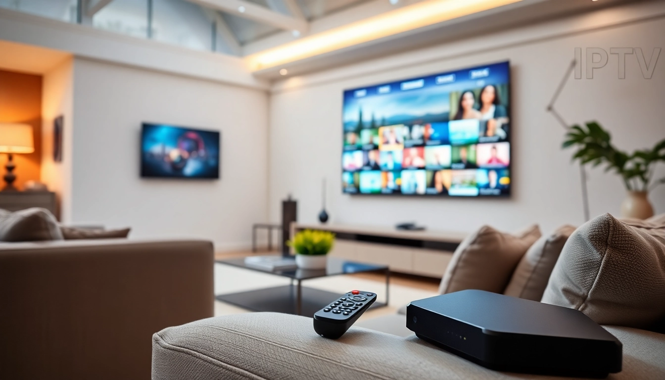 Comprar IPTV en un entorno elegante y moderno de sala de estar con entretenimiento sofisticado.