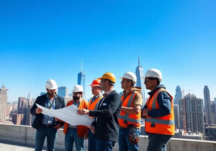 New York City Commercial General Contractor team collaborating on skyscraper project.