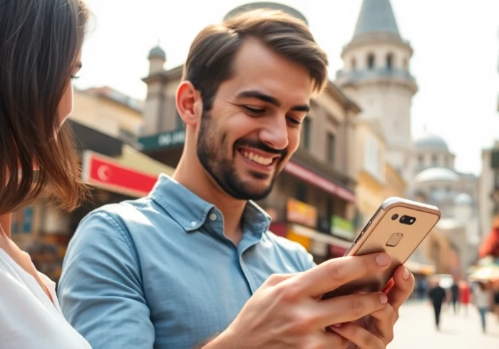 Using an esim turkey while enjoying the vibrant city life in Istanbul, capturing seamless connectivity.