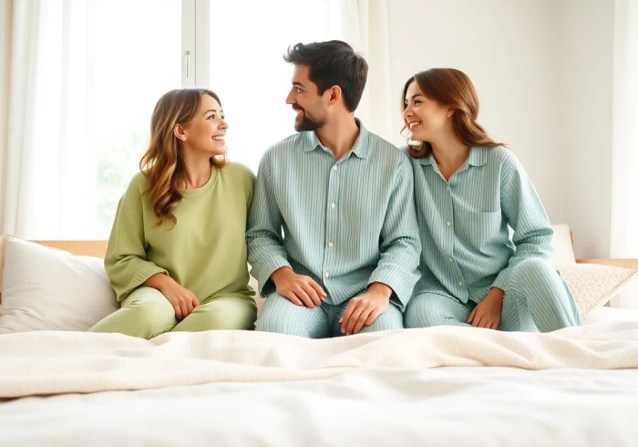 Family wearing comfortable bamboo pajamas in a cozy bedroom setting.