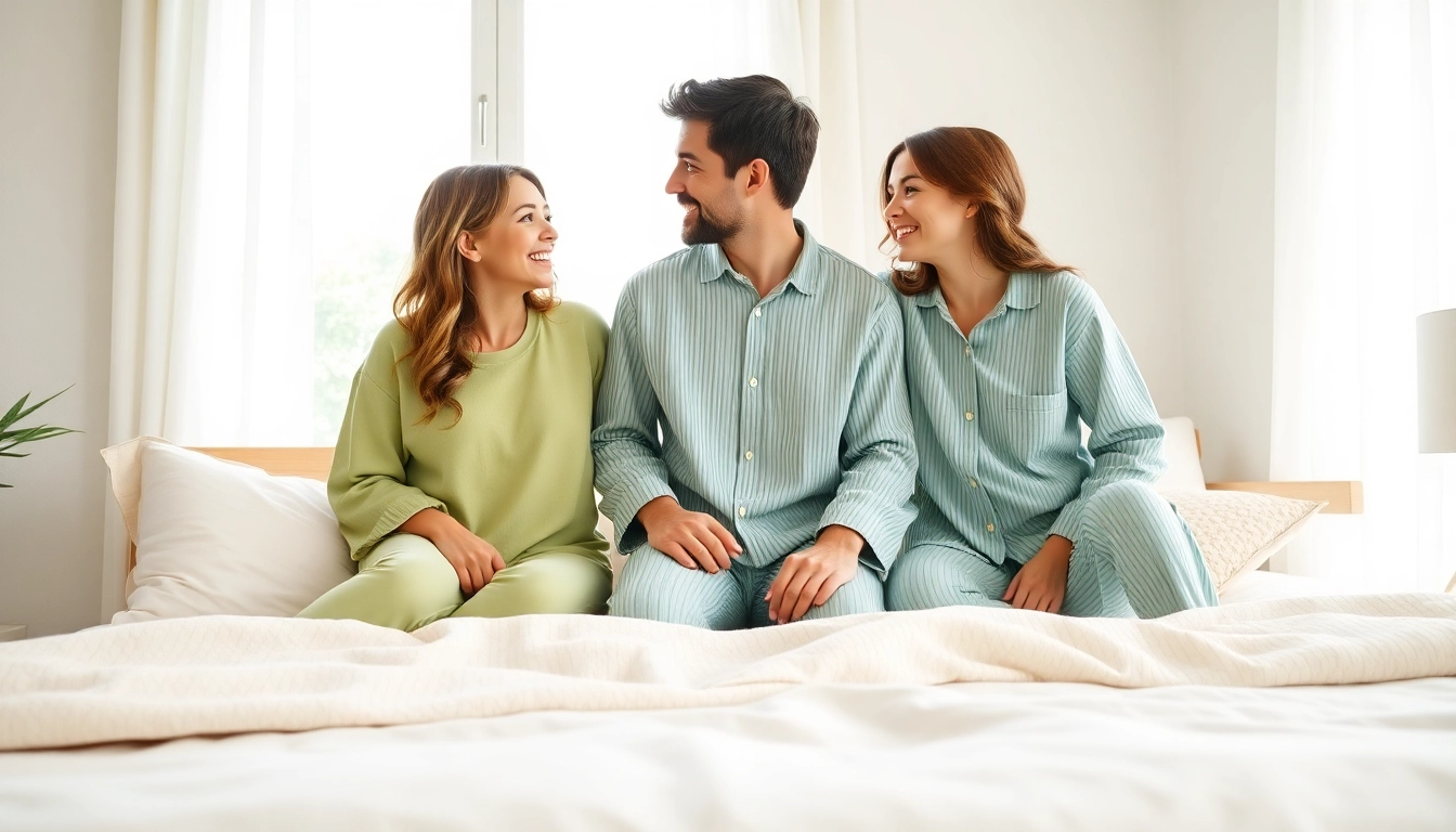 Family wearing comfortable bamboo pajamas in a cozy bedroom setting.