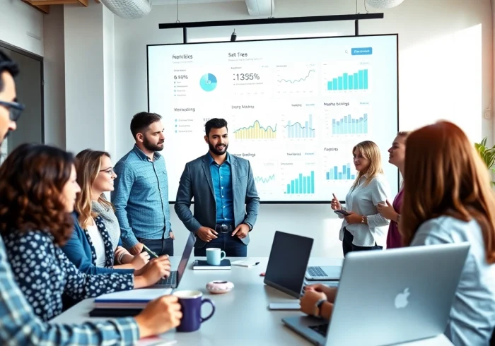 Link Building Agency team collaborating in a bright, modern office while analyzing metrics.
