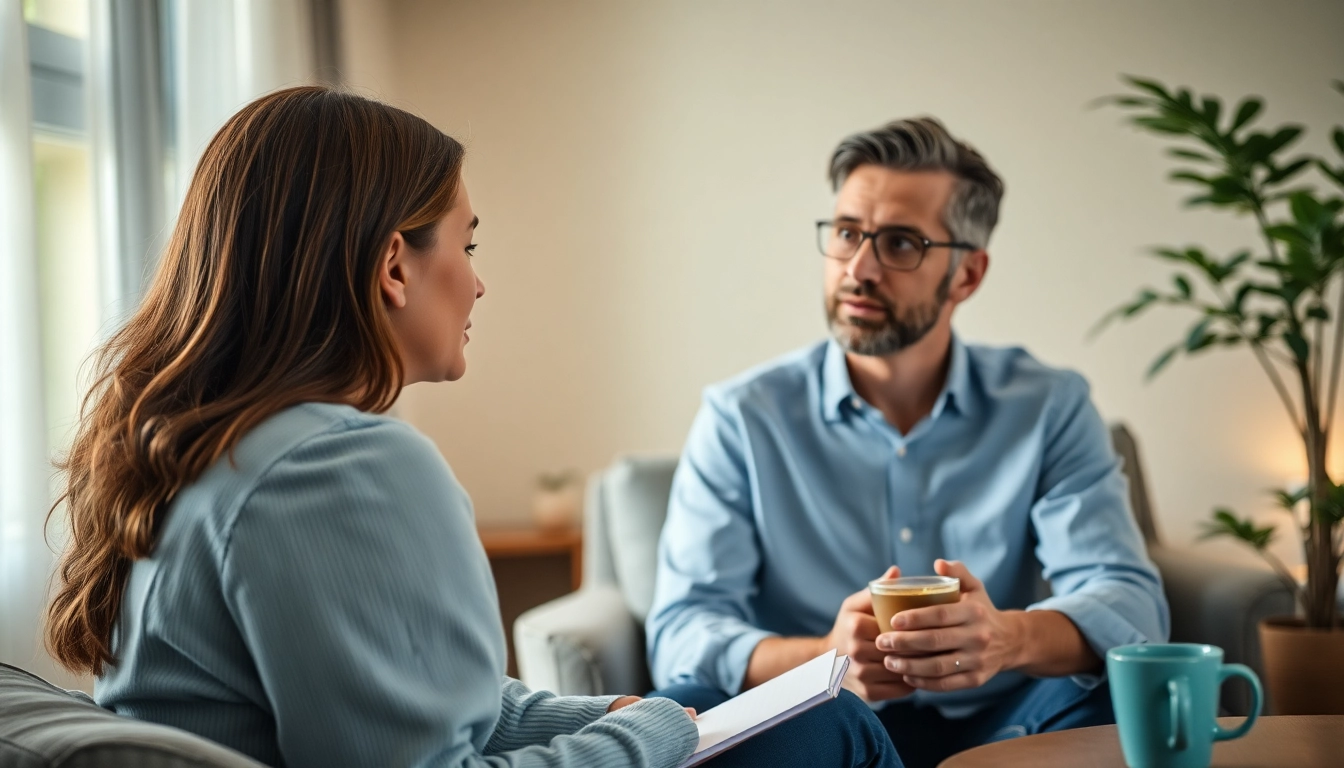 Counselling session in a serene office with a professional counselor and engaged client.