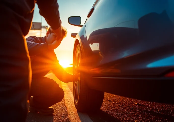 Wymiana koła Tychy wykonana przez profesjonalnego mechanika na drodze w czasie zachodu słońca.