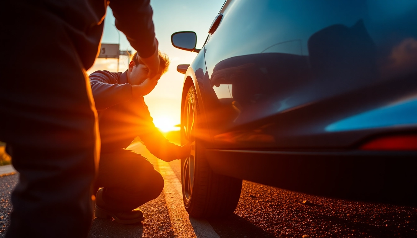 Wymiana koła Tychy wykonana przez profesjonalnego mechanika na drodze w czasie zachodu słońca.