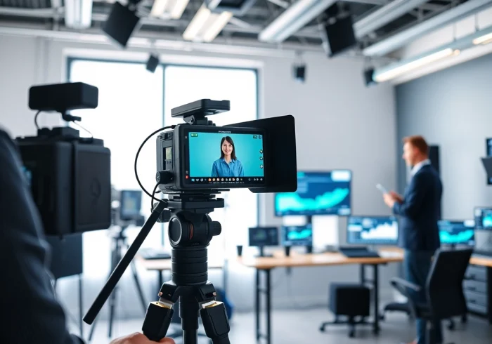 Engaging professionals creating stunning financial services video production in a modern studio