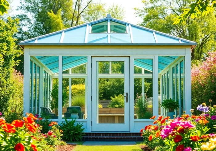 Transform your outdoor space with a stunning sunroom greenhouse kit surrounded by blooming flowers.