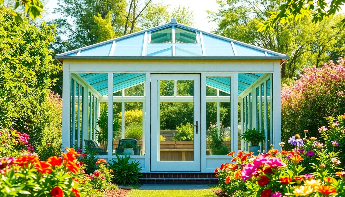 Transform your outdoor space with a stunning sunroom greenhouse kit surrounded by blooming flowers.