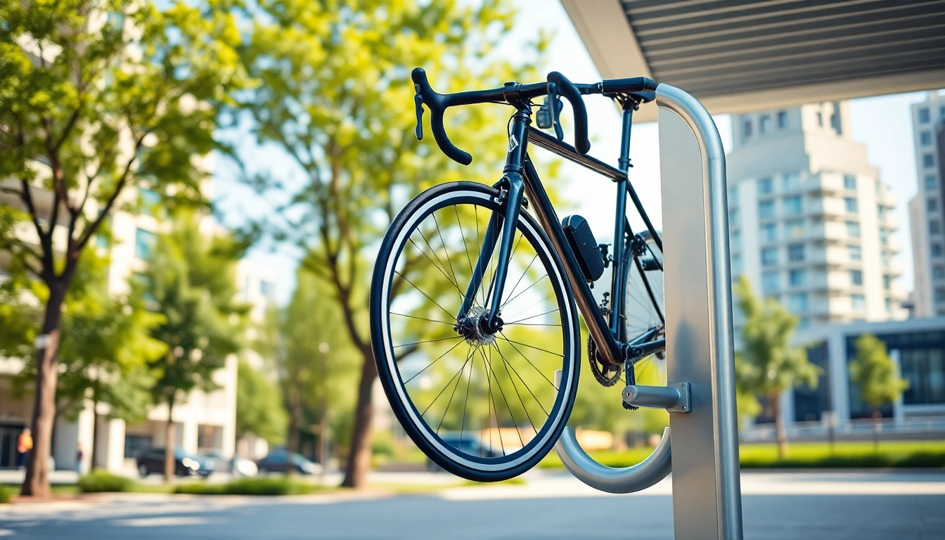 Showcasing a Minimalist bike rack holding a sleek road bike in an urban setting.