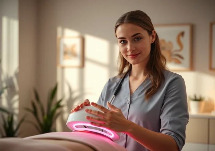 Showcase red light body therapy technique in a tranquil clinic, focusing on professional equipment and serene ambiance.
